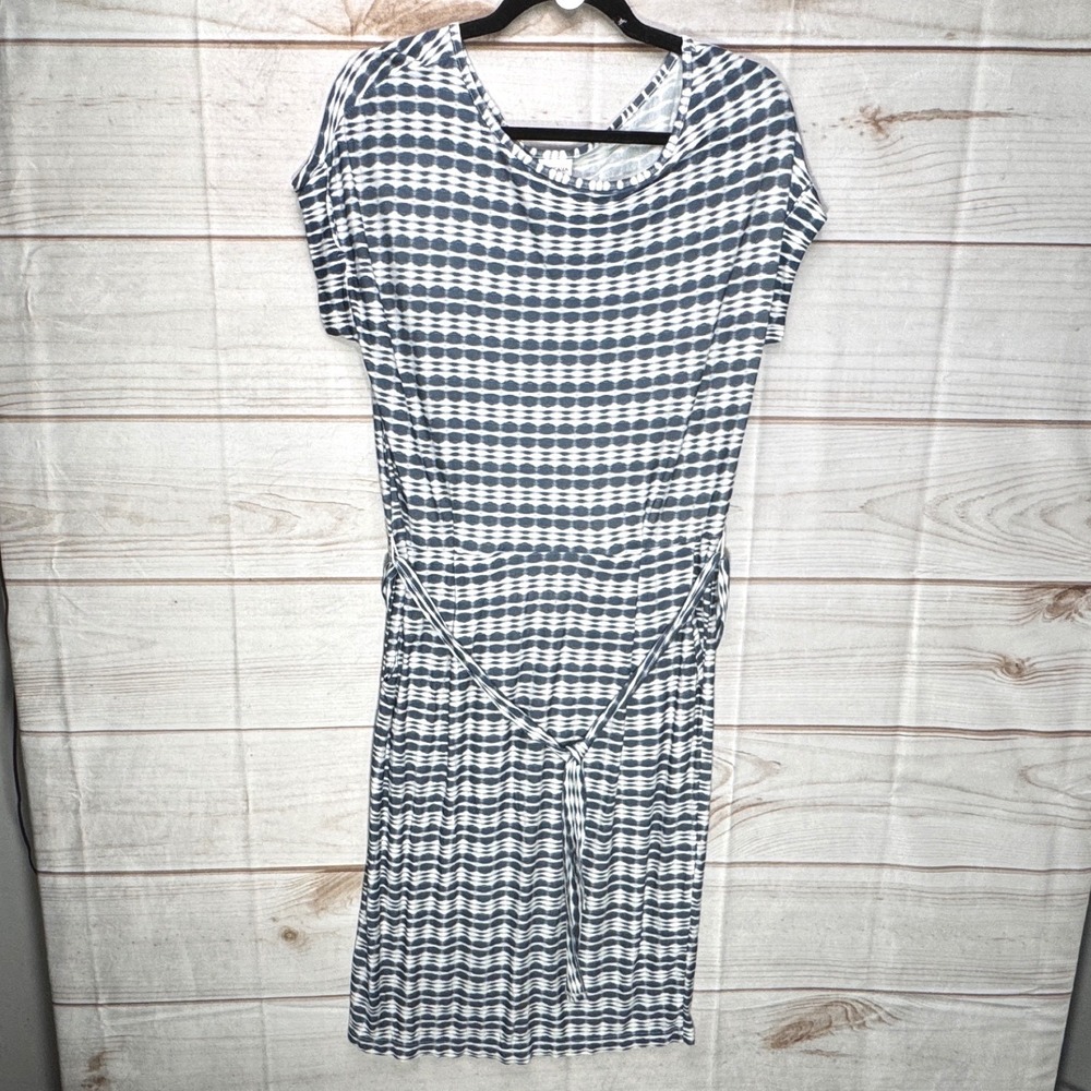 Lascana Blue White‎ Geometric Print Belted Short Sleeve Midi Dress Womens Size 6